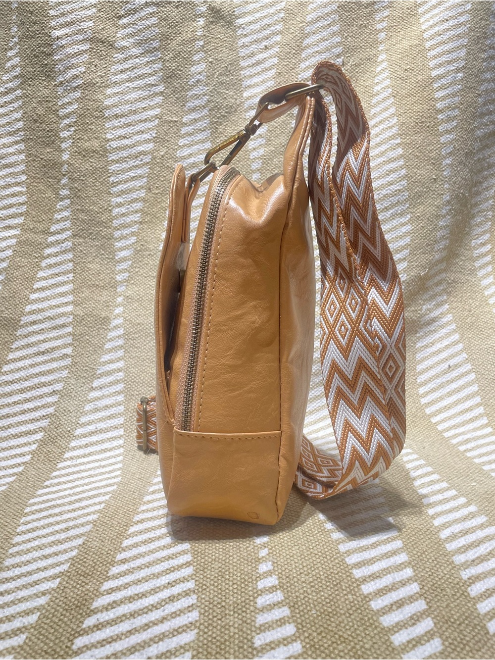 Tan Crossbody Sling Bag with Patterned Strap - Picture 11 of 16